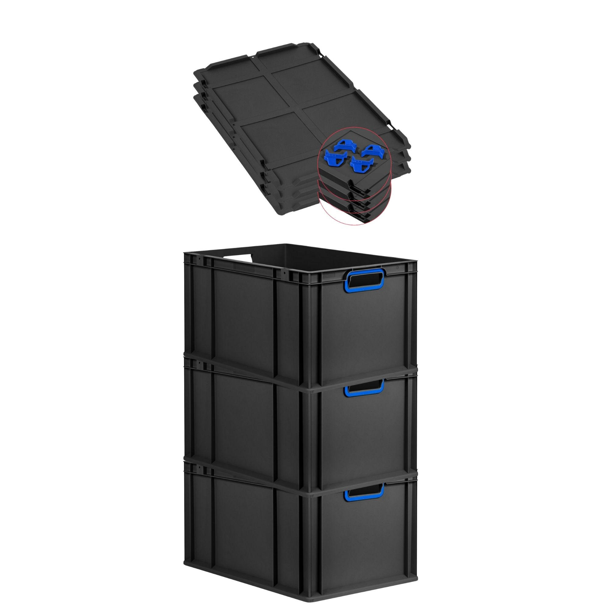 EUROBOX 3x NextGen Color mit Auflagedeckel 32x40x60 cm 65 Liter Schwarz Griffe blau offen - Blau/Schwarz, Kunststoff (40/32/60cm) - PROREGAL