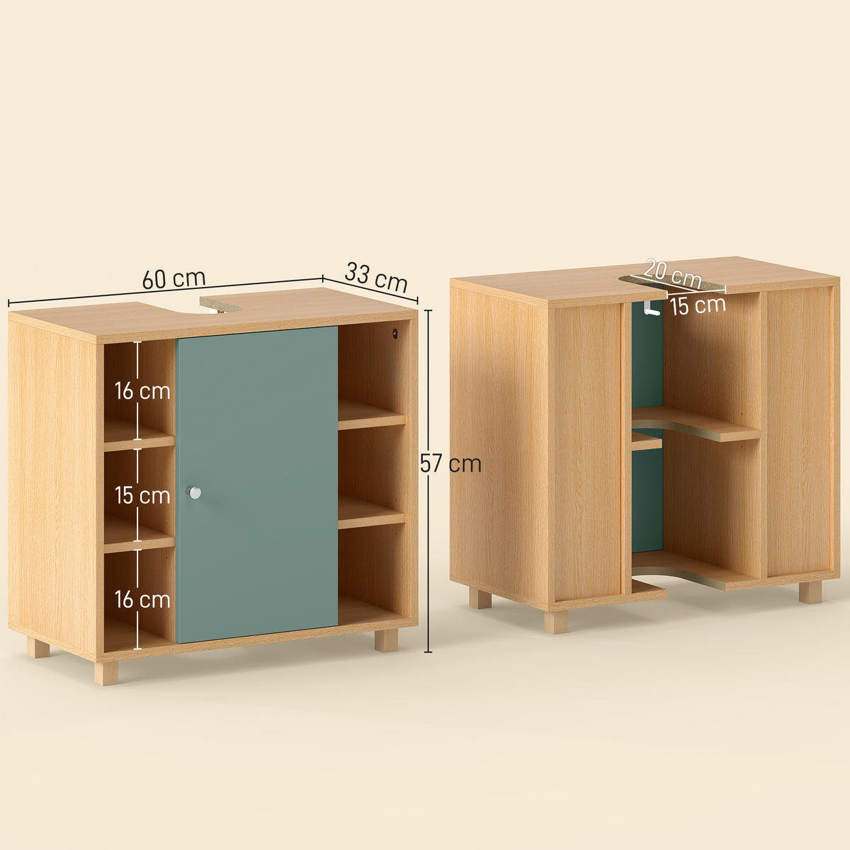 WASCHBECKENUNTERSCHRANK DE-15925 mit 6 offenen Regalen Grün - Grün, Holzwerkstoff (60/57/33cm) - ComfortXL