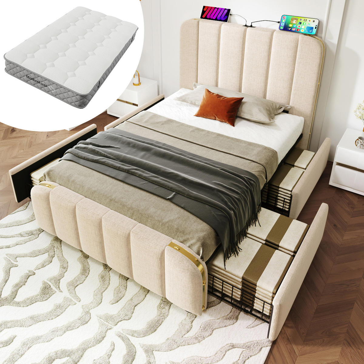 POLSTERBETT mit 4 Schubladen 90x200 cm Leinen Beige inkl. Matratze - Beige, Metall (90/200cm) - Meubliv