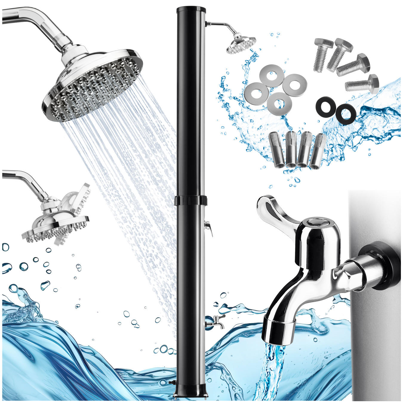 SOLARDUSCHE Orinoco,inklusive Wasserhahn,schwarz/silber - Silberfarben/Schwarz, Kunststoff (19.5/222/47cm) - tectake