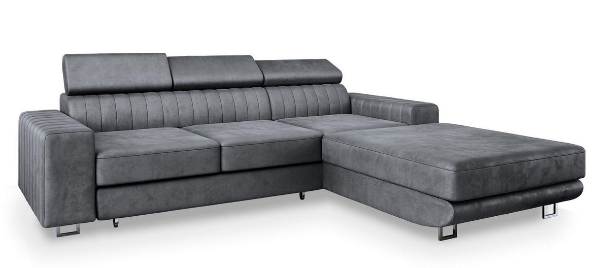 ECKSOFA NOTO R-S Grau Velours-Stoff mit Schlaffunktion - Grau, Holz (267/190cm) - MASSENO