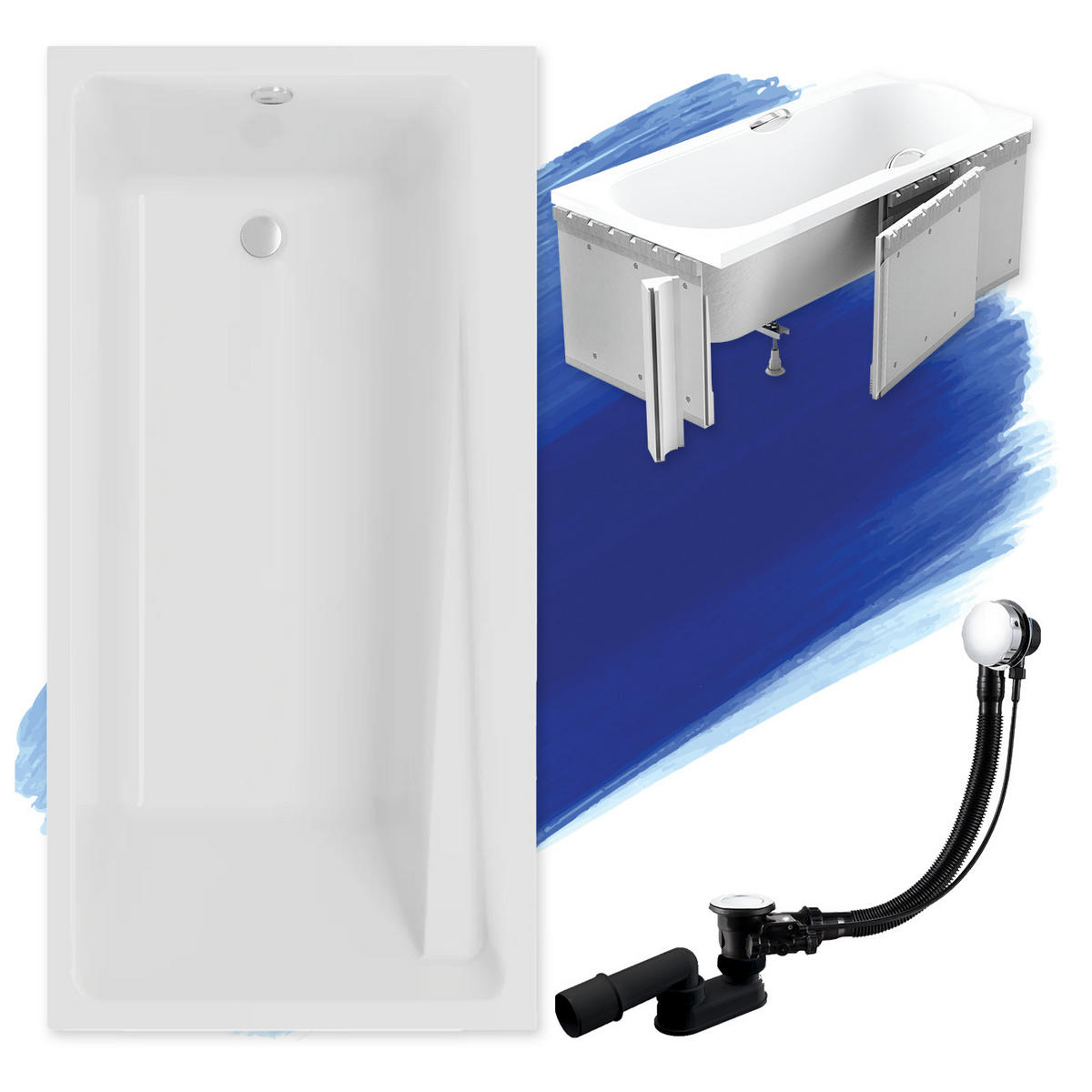BADEWANNE Rechteck ELZA 170/75 mit Styro Ablauf Füße - Weiß, Kunststoff (75/56.5/170cm) - bad land