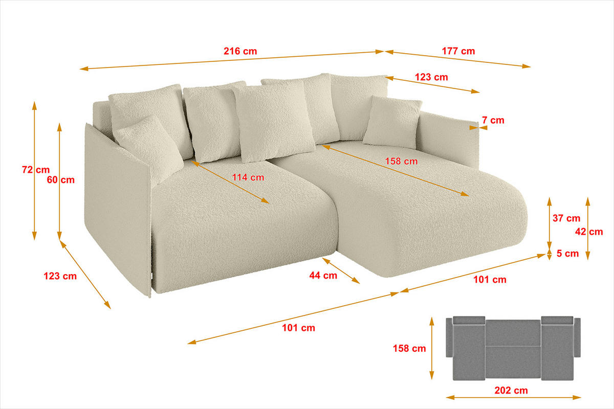 ECKSOFA Ottomane rechts ONESK-L 216x177x72 Beige Bouclé - Beige/Creme, Holzwerkstoff/Kunststoff (177/216cm) - ALTDECOR