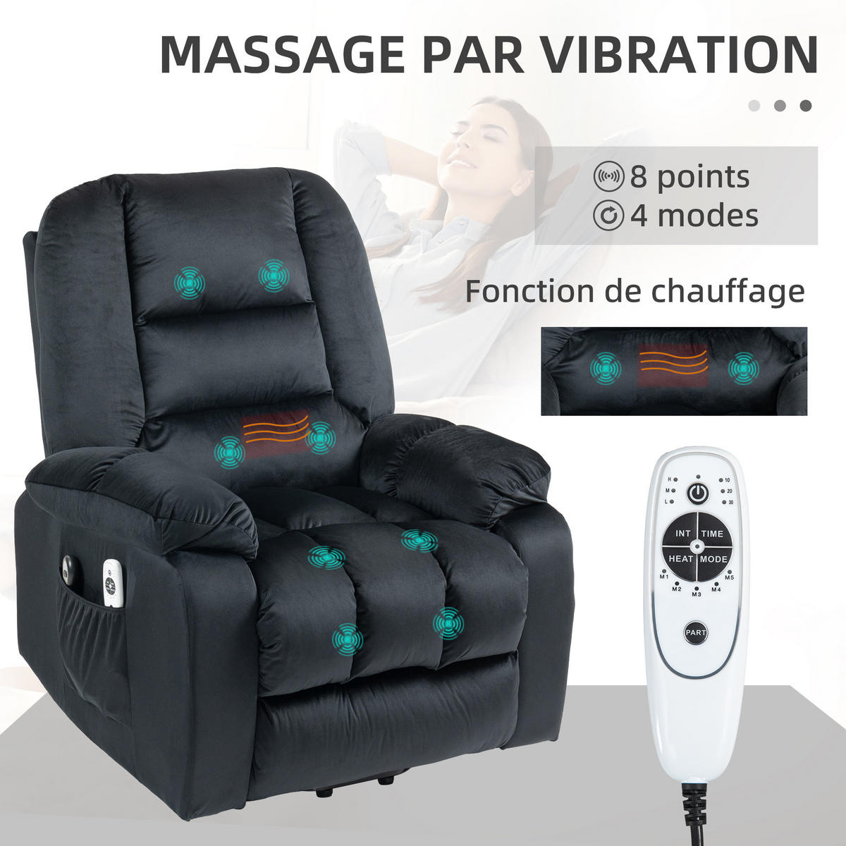 MASSAGESESSEL DE-15410 8 Massagepunkte mit Heizung, elektrisch neigbar Schwarz - Schwarz, Metall (94/107/85cm) - ComfortXL