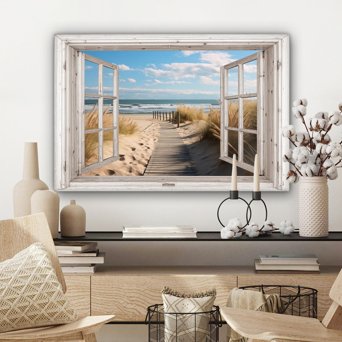 LEINWANDBILD Fenster - Meer - Küste - Natur - Ausblick - Strand - Wattenmeer Wanddeko 90x60 cm - Beige, Textil (90/60cm) - MuchoWow