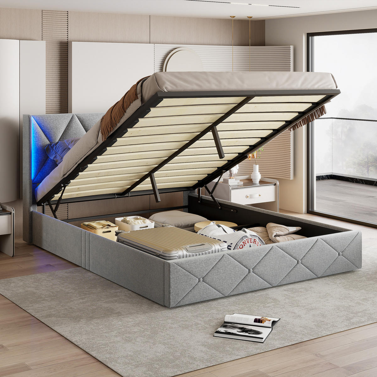 POLSTERBETT 140x200 cm LED Stauraum Lattenrost Samt gepolstert grau - Grau, Holz (140/200cm) - LEBENLANG