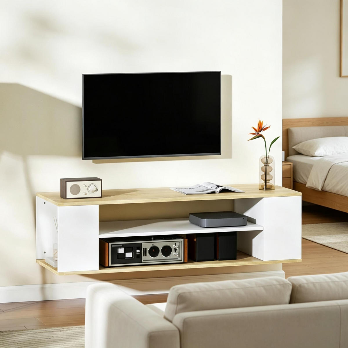 TV-SCHRANK 120/40/38,5 cm Weiß/Natur mit Rollen, Hängend/Stehend - Weiß, Holzwerkstoff (120/38.5/40cm) - Oxeza