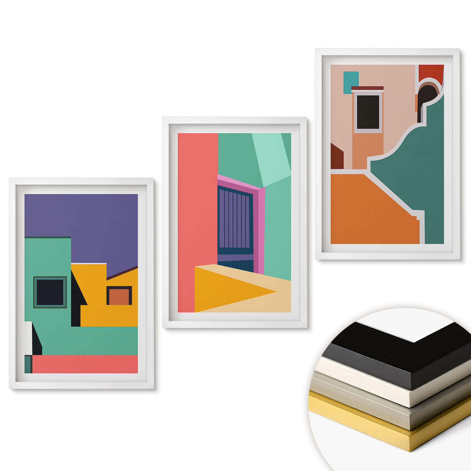 WANDBILDER 3er-Set - 40x60 cm Weißer Rahmen - Farbenfrohe Illustrationen der Stadt - Weiß, Kunststoff (40/60cm) - ArtPrintCave