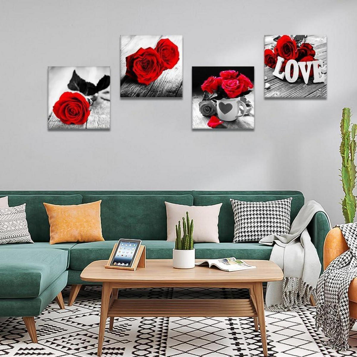 LEINWANDBILD 4-teiliges Set Romantische rote Rose 30 x 30 cm - Rot, Textil (30/1.2cm)