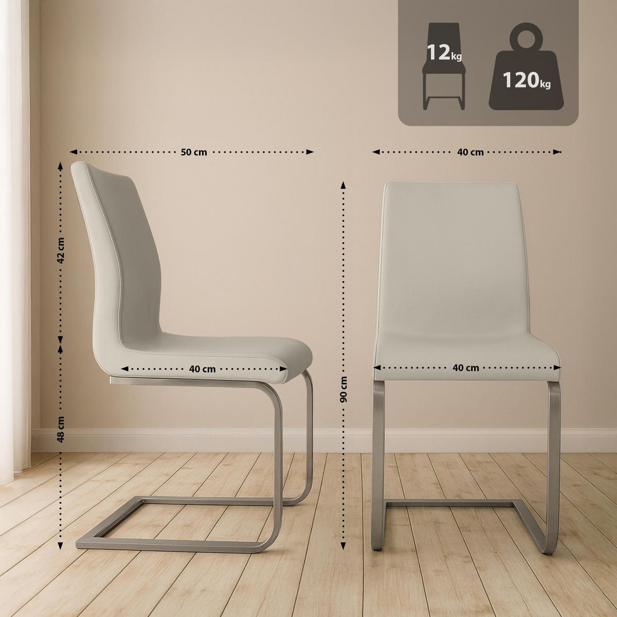 SCHWINGSTUHL 2er Set Lederlook Creme - Edelstahlfarben/Creme, Textil/Metall (40/90/50cm) - CLP