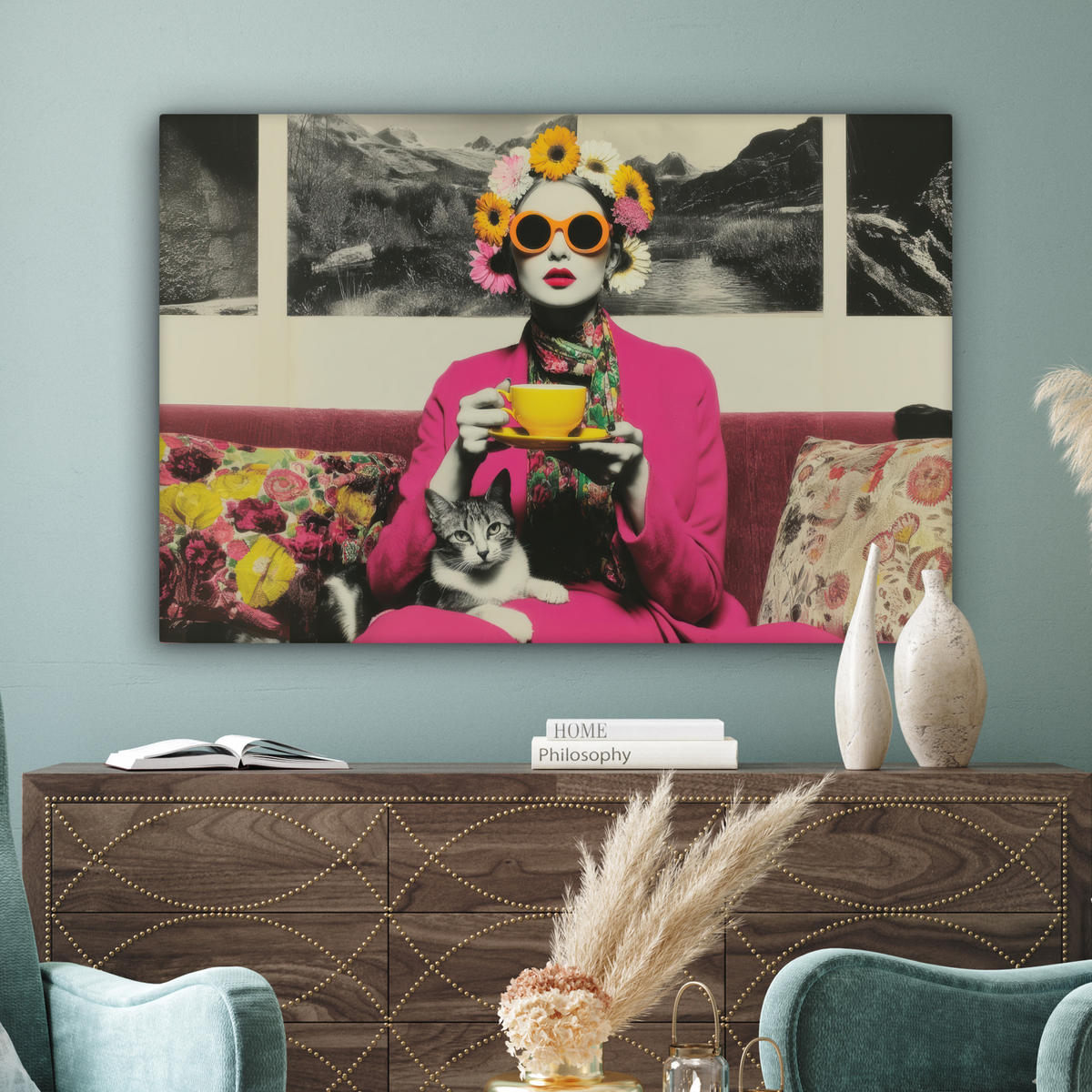 LEINWANDBILD Frau - Katze - Blumen - Tasse - Retro Groß 140x90 cm - Magenta, Textil (140/90cm) - MuchoWow