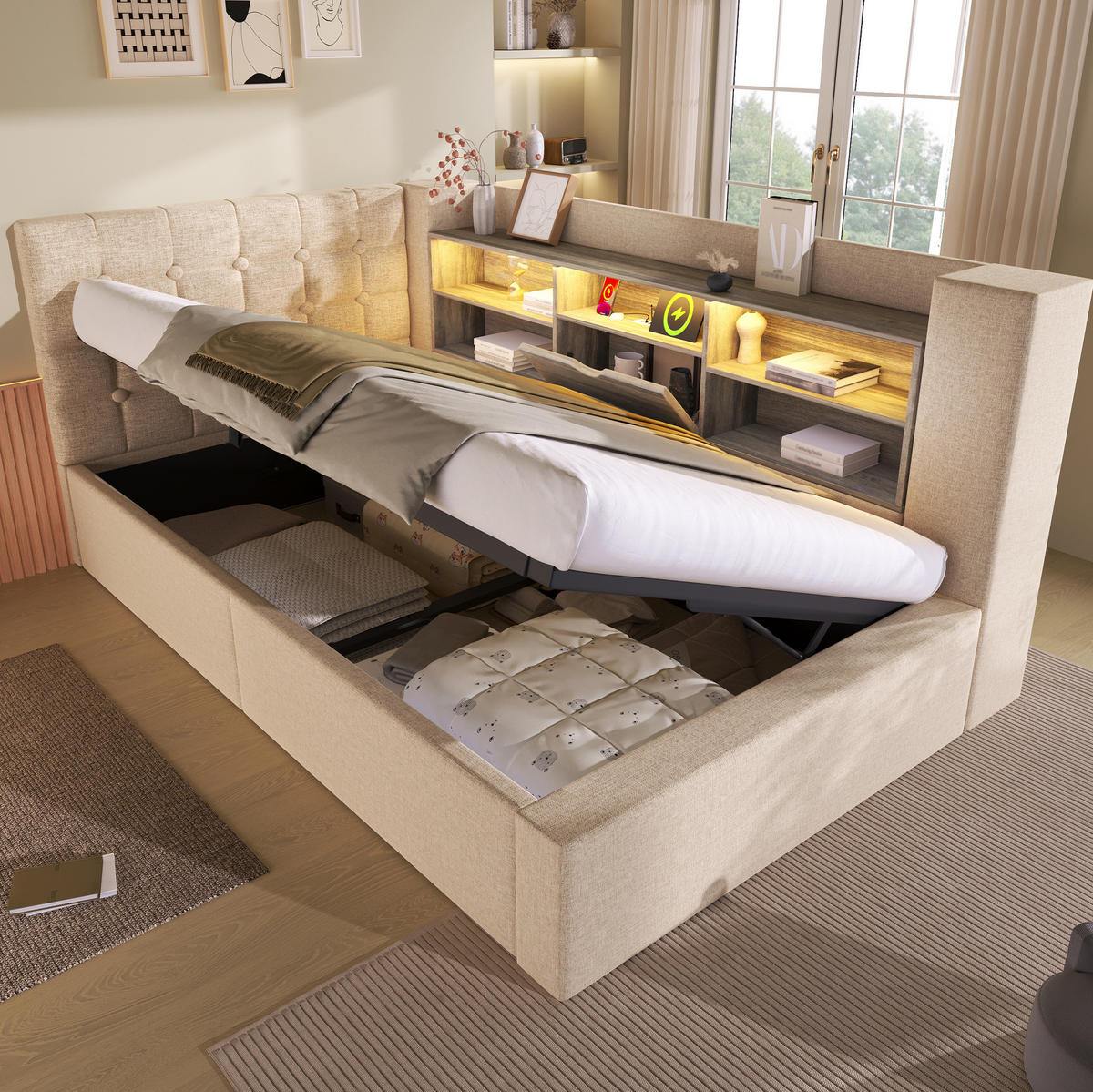 POLSTERBETT mit Stauraum 90x200 cm Leinen Beige inkl. Matratze - Beige, Metall (90/200cm) - Meubliv