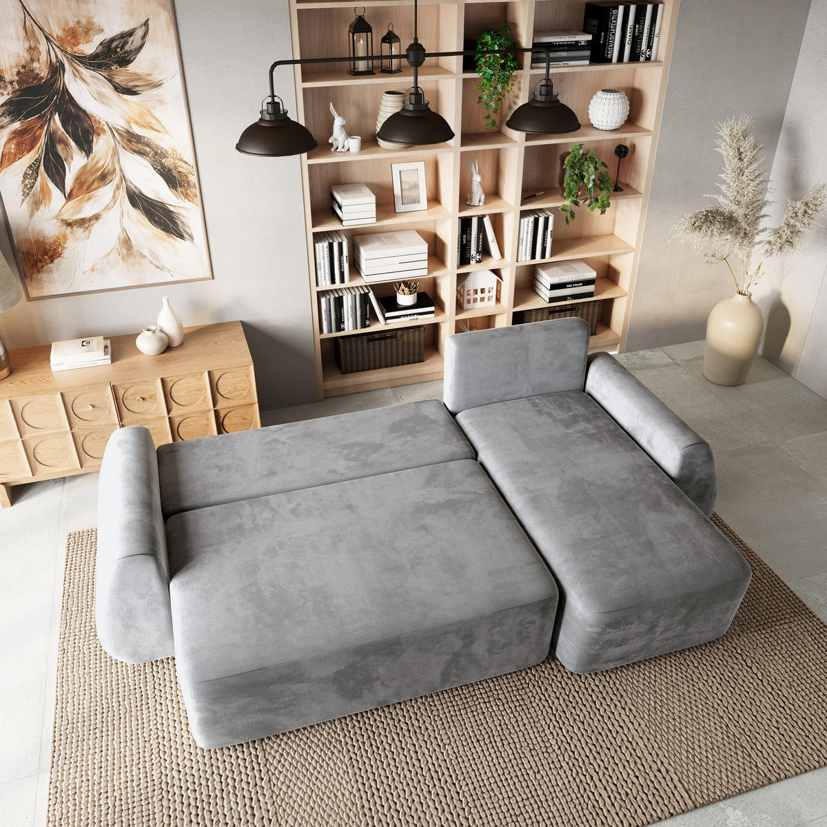 ECKSOFA GALVIS Hellgrau Velours-Stoff mit Schlaffunktion - Hellgrau, Holz (256/156cm) - MASSENO