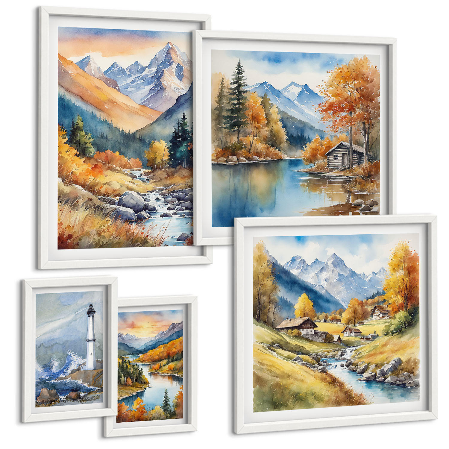 BILDER SET 5er Set - 50x50 cm & 20x30 cm & 40x60 cm Weißer Rahmen - Polnische Städte Ustka Tarnów Sopot - Weiß, Kunststoff (40/60cm) - TULUP