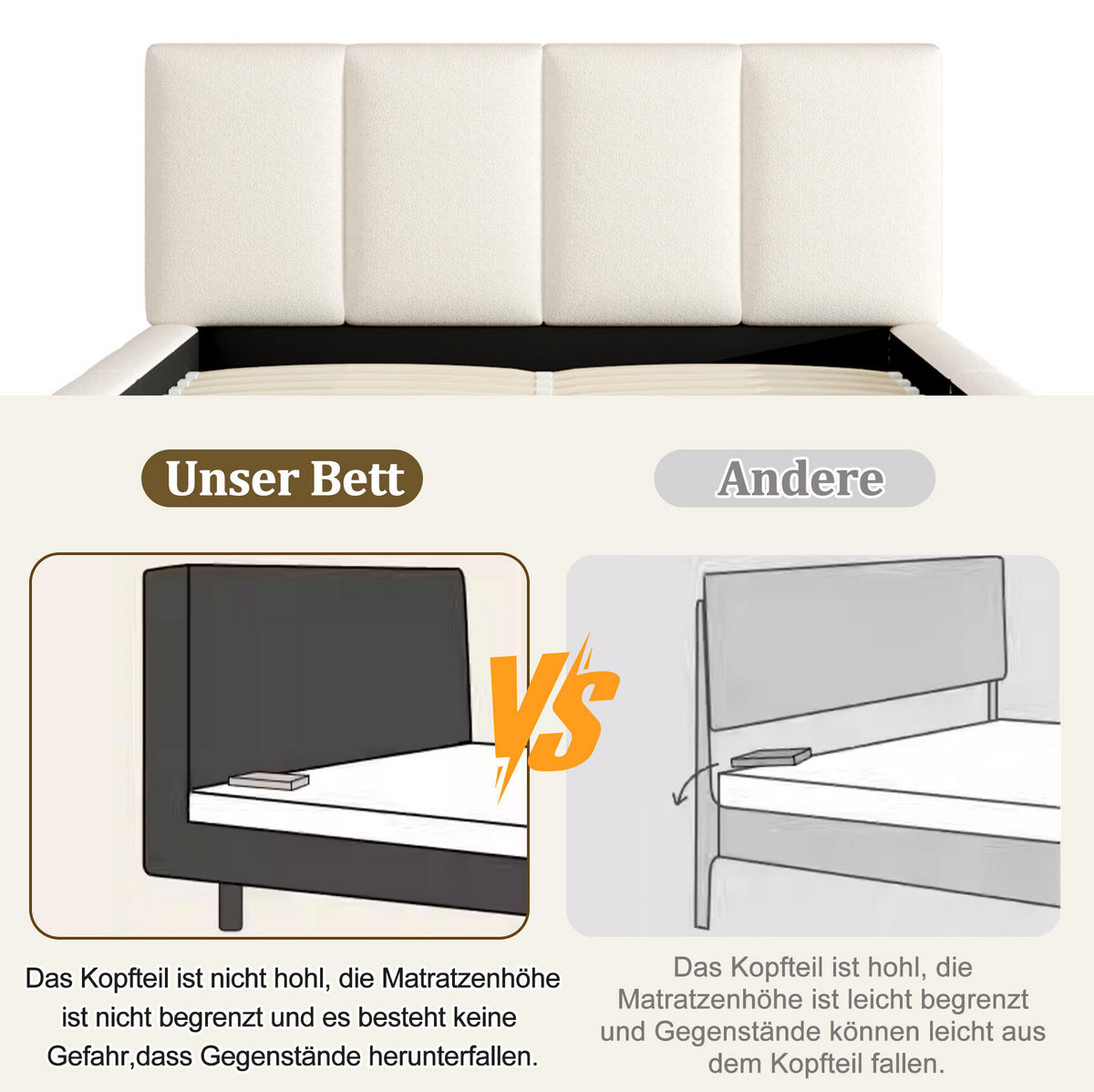 POLSTERBETT mit Lattenrost 180x200 cm Bouclé Beige - Beige, Metall (180/200cm) - Meubliv