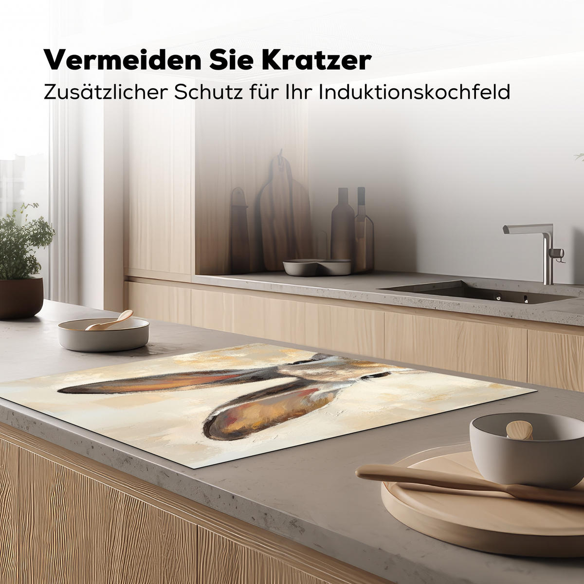 HERDABDECKPLATTE Hase - Ohren - Braun Induktionsmatte 78x78 cm - Beige, Kunststoff (78/78/0.2cm) - MuchoWow