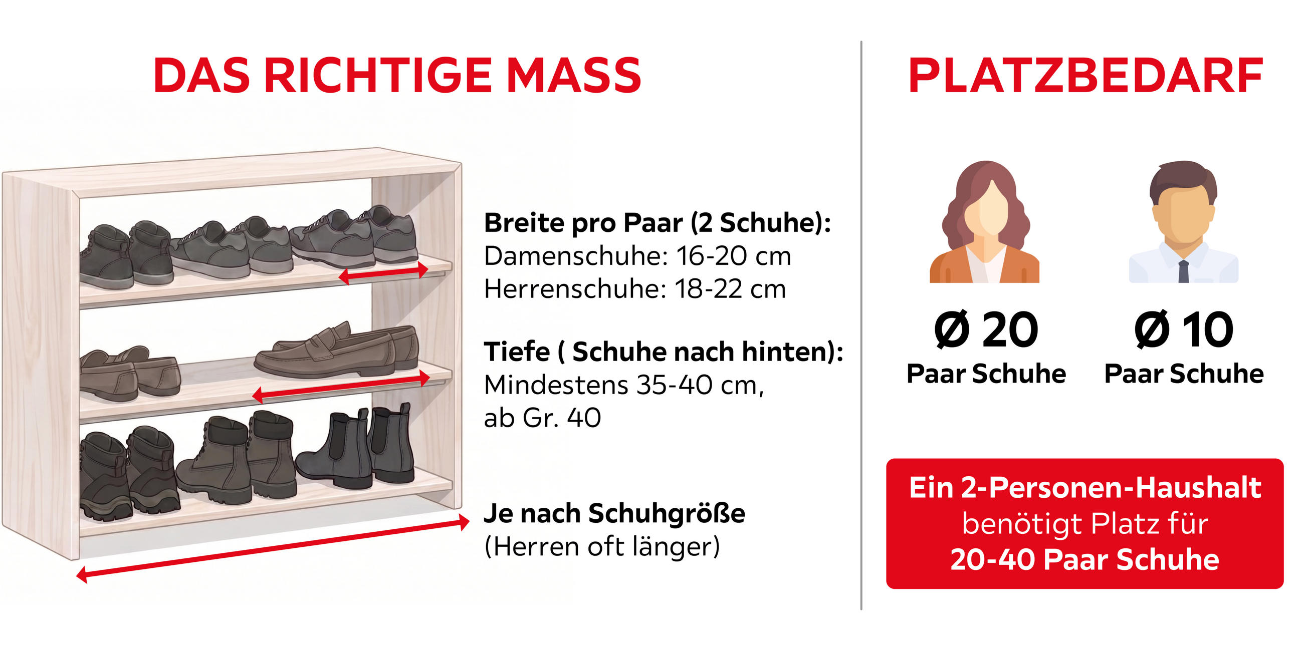 Infografik zum Platzbedarf für Schuhaufbewahrung: Breite pro Paar: Damenschuhe 16–20 cm, Herrenschuhe 18–22 cm; Tiefe je nach Größe mindestens 35–40 cm, ab Größe 40). Rechts: durchschnittlicher Bedarf – Frau Ø 20 Paar, Mann Ø 10 Paar
