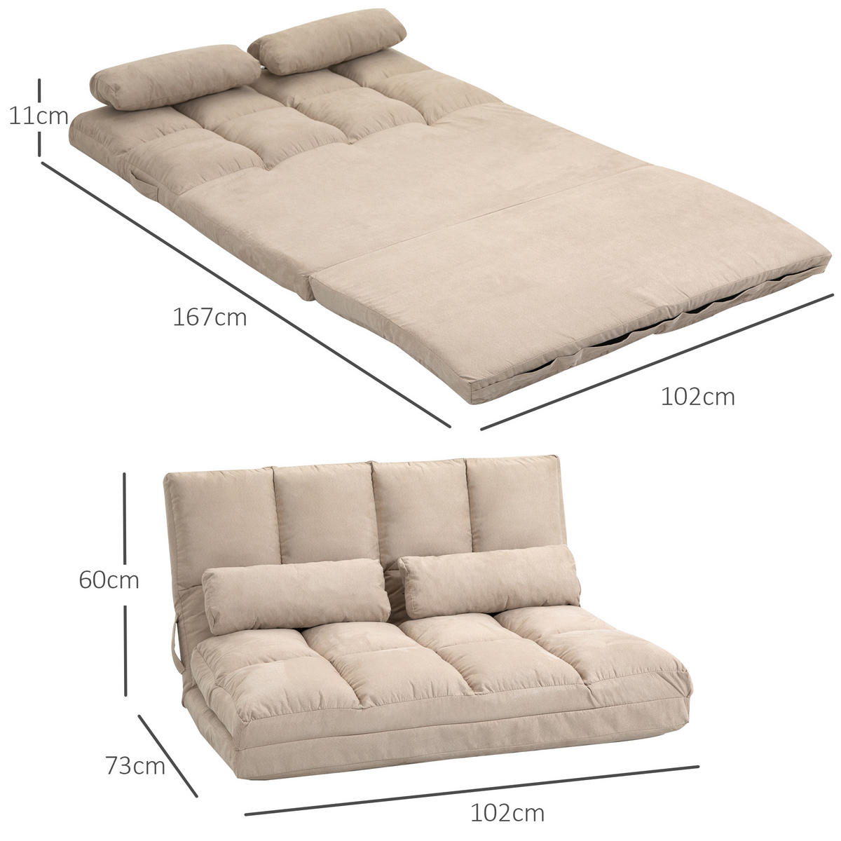 BODENSTUHL 2-in-1 Bodensessel Bett mit Rückenlehne 3 Positionen Verstellbar - Beige, Textil/Metall (73/60/102cm) - HOMCOM
