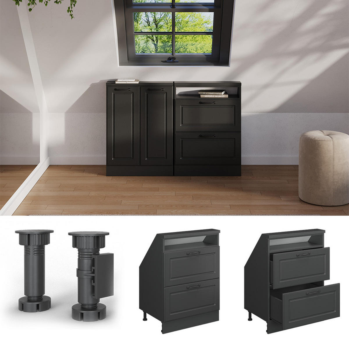 DACHSCHRÄGENSCHRANK Rion Anthrazit Landhaus/Anthrazit mit 2 Schubladen - Anthrazit, Holzwerkstoff (60/81.6/46cm) - Vicco