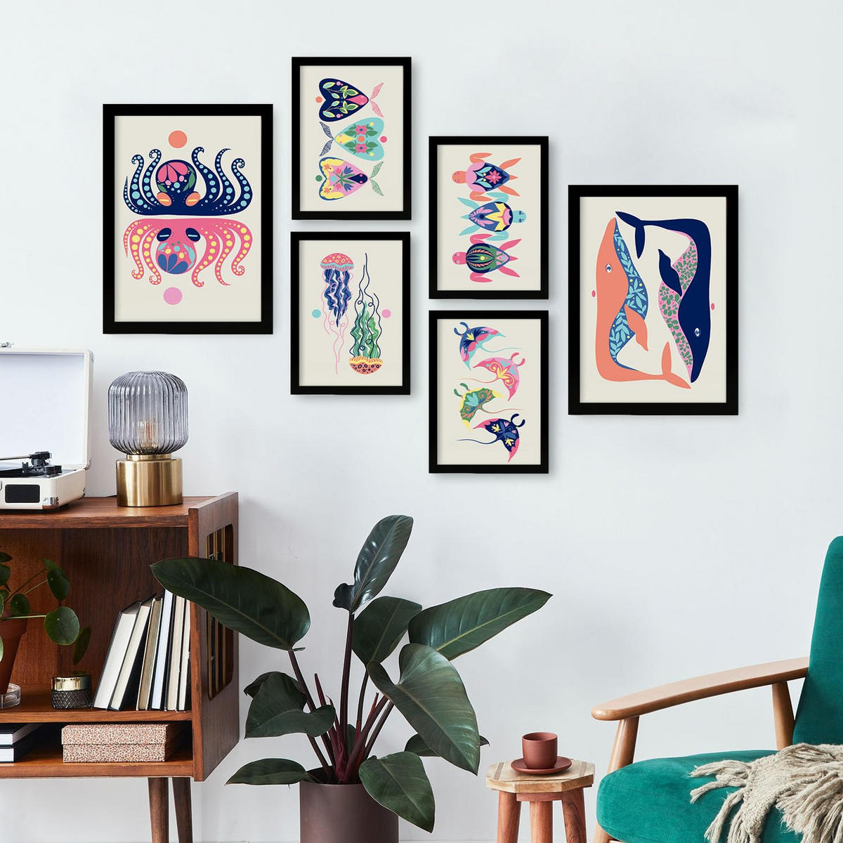 POSTER Set Mit 6 Kreaturen Frames 2 In Tiere Abstracts Ästhetische Dekorative Gemälde Für Ihr Wohnzimmer Schlafzimmer Zuhause A3 & A4 Schwarzer Rahmen - Schwarz, Papier (29/3cm) - Nacnic