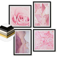 WANDBILDER 4er-Set - 50x50 cm & 40x60 cm Schwarzer Rahmen - Rosa geometrische Pfingstrosen - Schwarz, Kunststoff (50/50cm) - ArtPrintCave