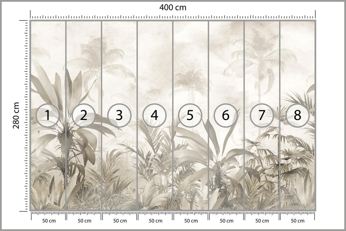 FOTOTAPETE für Wohnzimmer Vintage Tropischer Wald Palmen Blätter 400x280 - Beige/Grau, Papier (400/280cm) - Muralo