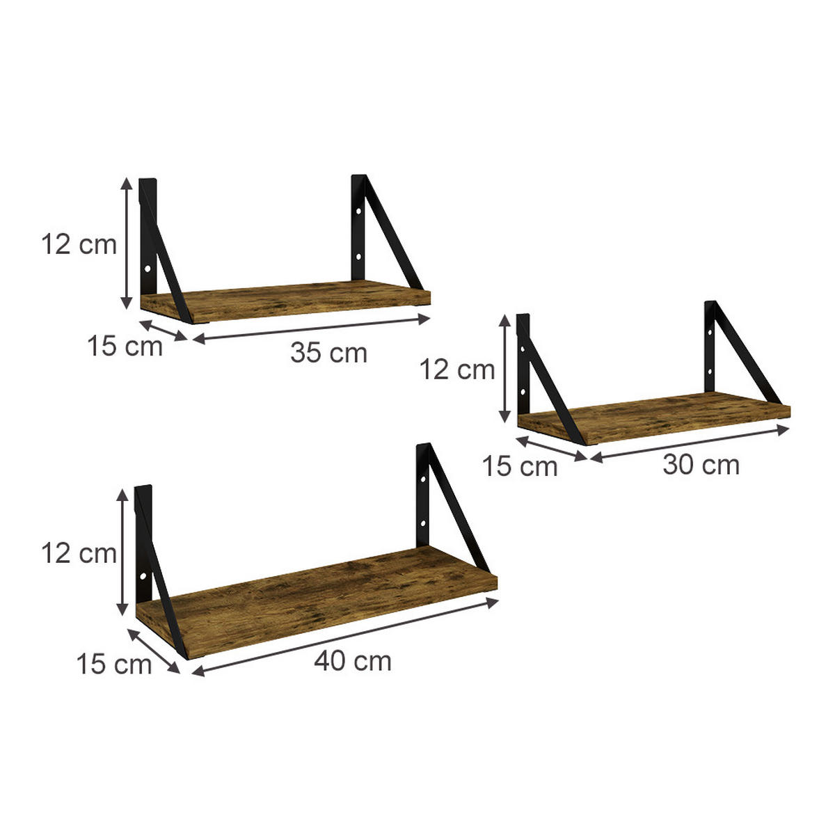 WANDREGAL Fyrk Eiche rustikal 3 Teile - Wildeiche/Schwarz, Holzwerkstoff (40/12/15cm) - Vicco