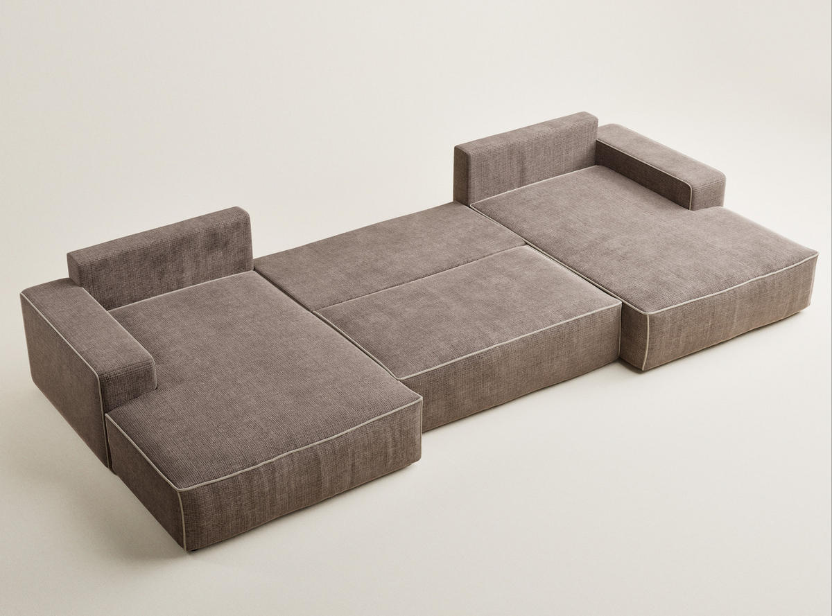 WOHNLANDSCHAFT Deseo Braun-Beige Chenille-Stoff - Beige/Schwarz, Holz/Holzwerkstoff (398/70/148cm) - Maison de Reve