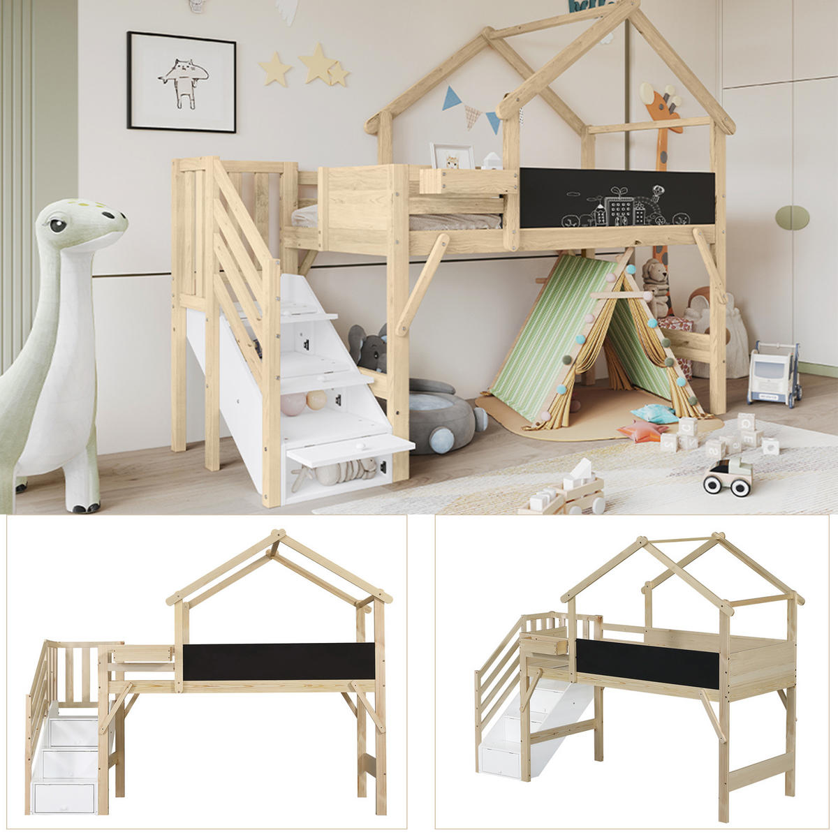 ETAGENBETT aus Kiefer, MDF und Sperrholz 90x200 cm Weiß/Natur mit Stauraumtreppe, Tafel und Dachdesign - Weiß, Holzwerkstoff (90/200cm) - Modfu