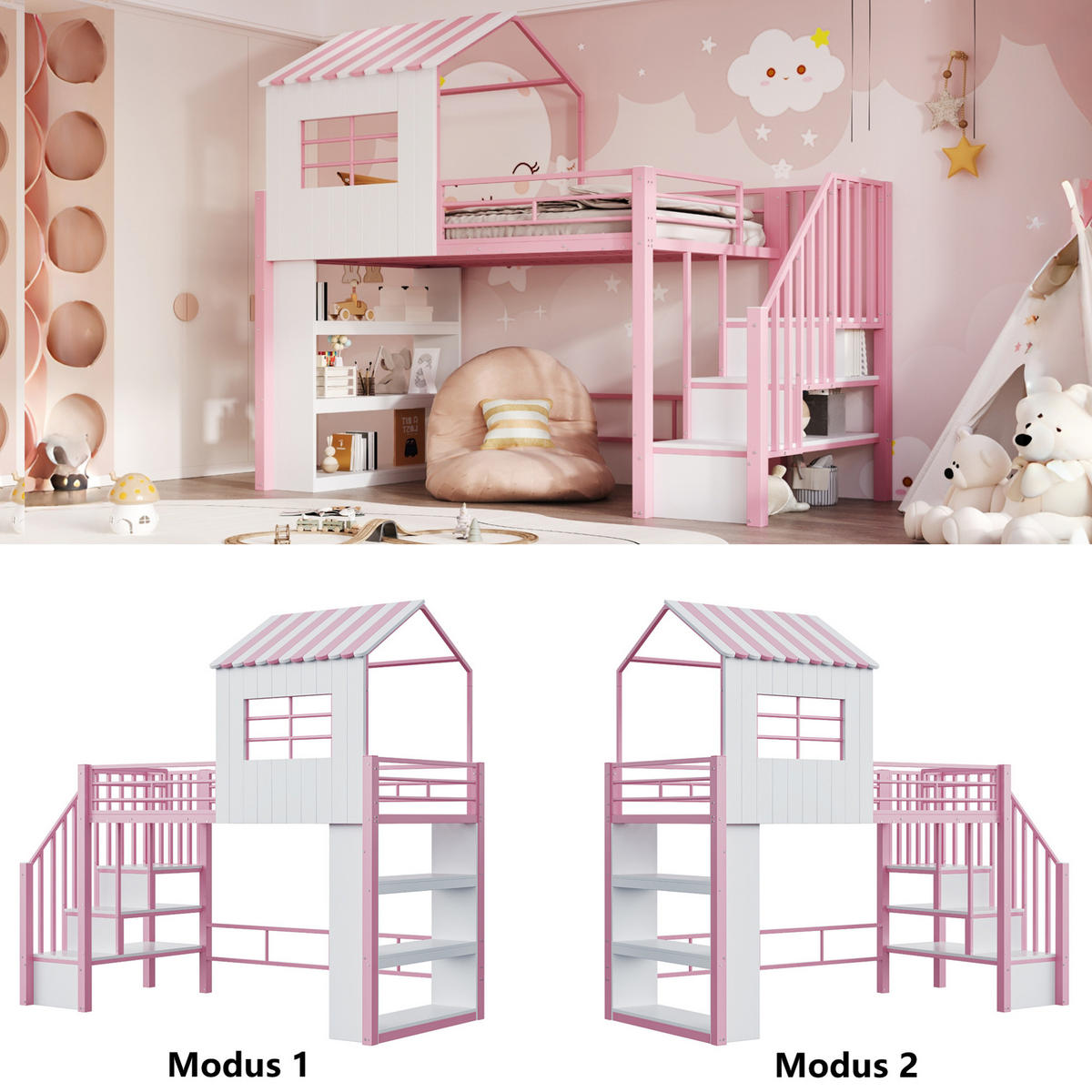 HOCHBETT 90/200 cm aus Metall und MDF mit Stauraumtreppe, Regal und Freiraum unter dem Bett, Rosa/Weiß - Rosa, Metall (90/200cm) - Redom