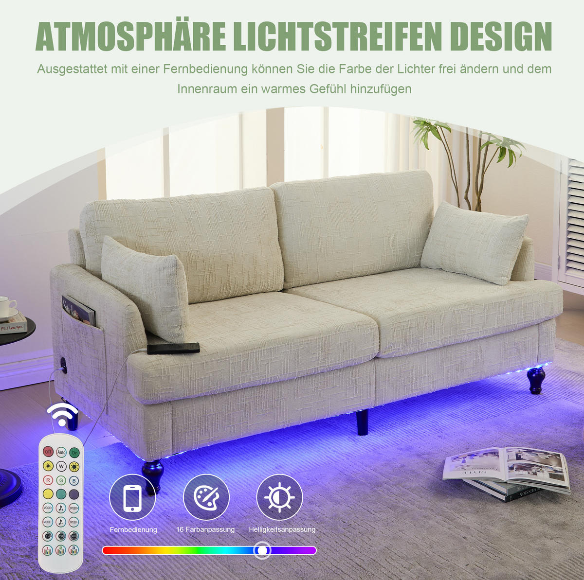 2-SITZER Sofa Chenille mit USB-Anschluss und LED-Licht 175/83/78 cm Beige - Beige, Textil (175/78/83cm) - Redom