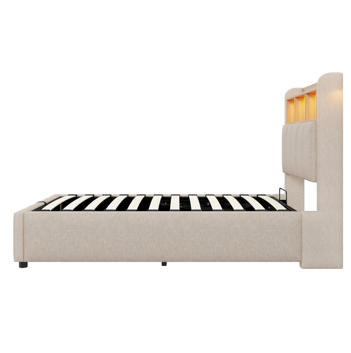 POLSTERBETT aus Leinenstoff 90x200 cm Beige mit LED-Beleuchtung, USB-C-Anschluss und hydraulischem Bettkasten - Beige, Textil (90/200cm) - Modfu