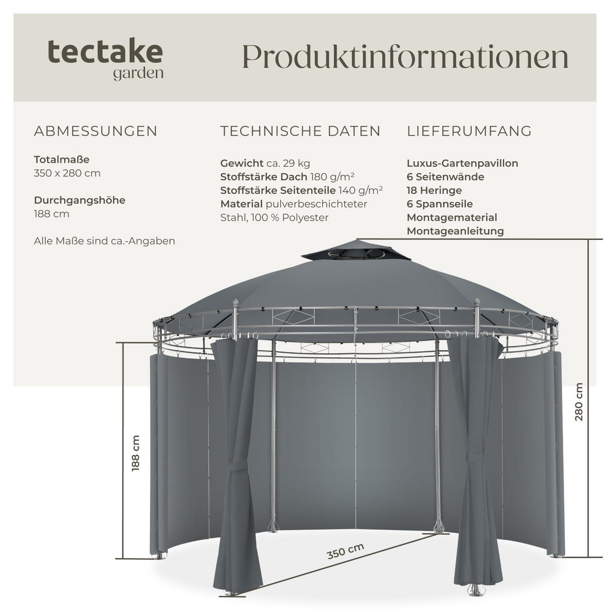 GARTENPAVILLON Siana,inklusive Spannseilen und Heringen,anthrazit - Anthrazit, Kunststoff (350/280/350cm) - tectake
