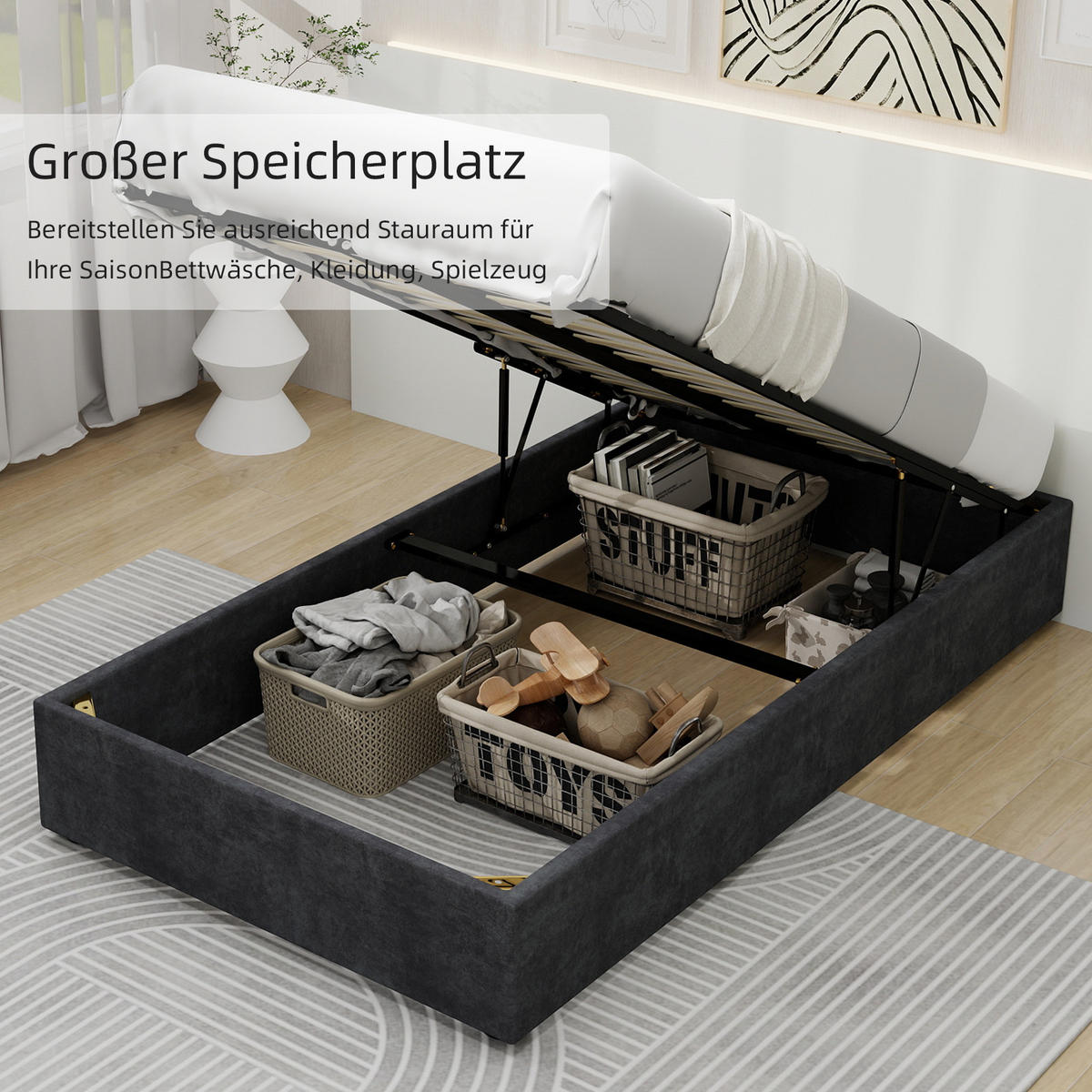 POLSTERBETT 90x200 cm Stauraum hydraulisch grau - Grau, Textil (90/200cm) - LEBENLANG