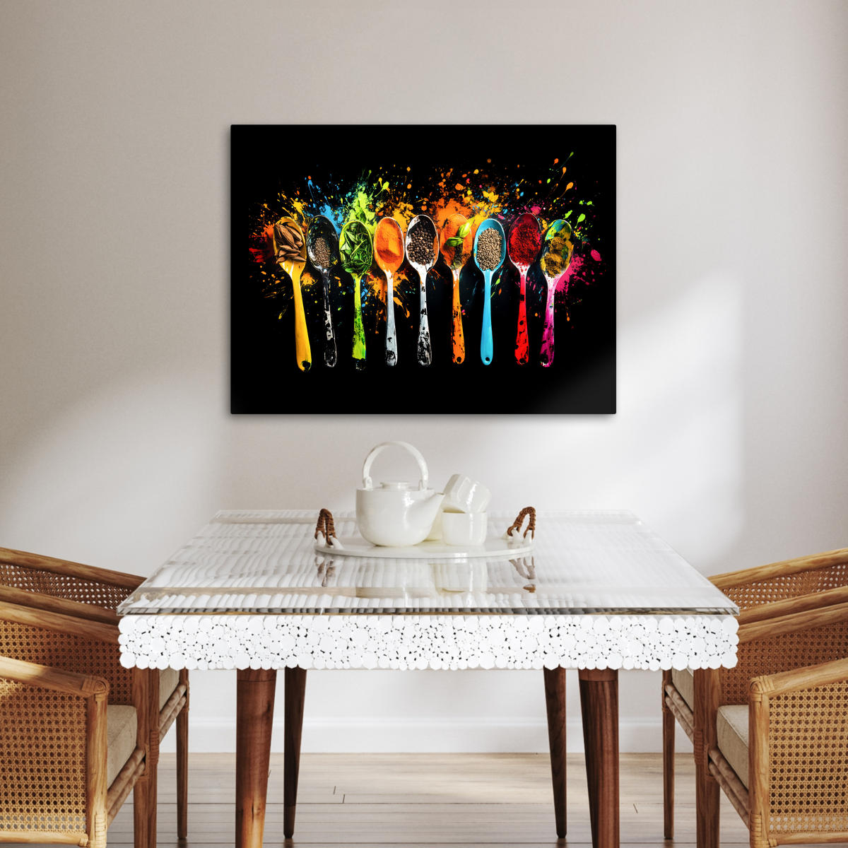 LEINWANDBILD Löffel - Gewürze - Modern - Graffiti - Farbe - Farbenfroh Wandbilder 80x60 cm - Multicolor, Textil (80/60cm) - MuchoWow