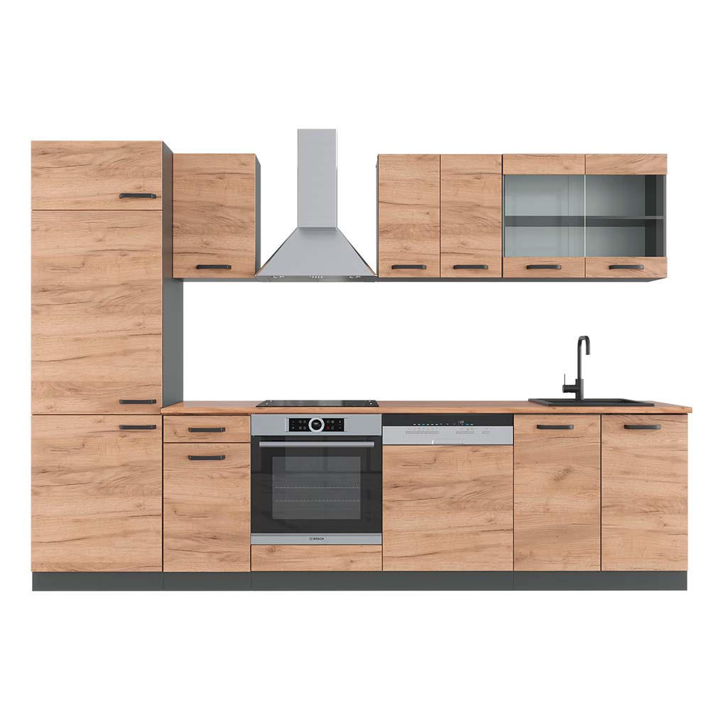 KÜCHENZEILE R-Line Goldkraft Eiche/Anthrazit 300 cm, AP Eiche - Anthrazit/Eiche Wotan, Holzwerkstoff (300/81.6/60cm) - Vicco