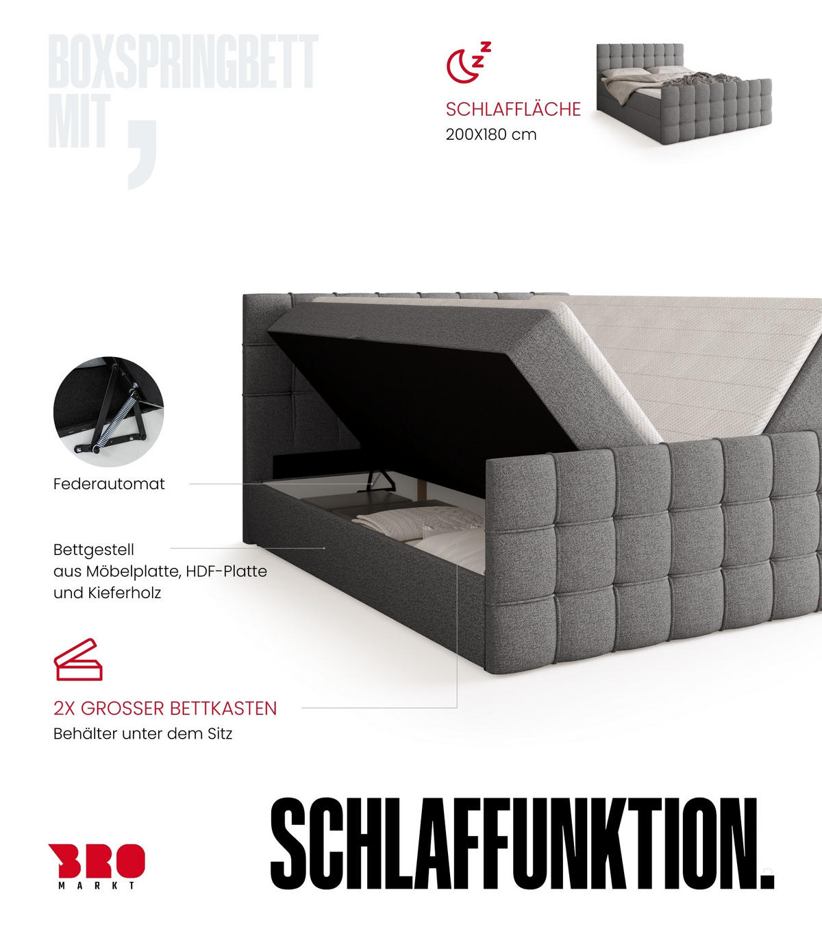 BOXBETT Detroit Duo mit Topper 180/200 Hellgrau - Hellgrau, Textil (180/200cm) - Bromarkt