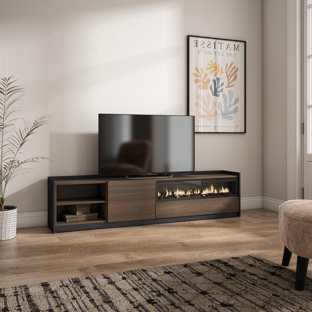 TV-SCHRANK, Dunkler Eiche und Schwarz, Elektrokamin, 207/37/50cm - Dunkelbraun, Holzwerkstoff (207/50/37cm) - Skraut Home