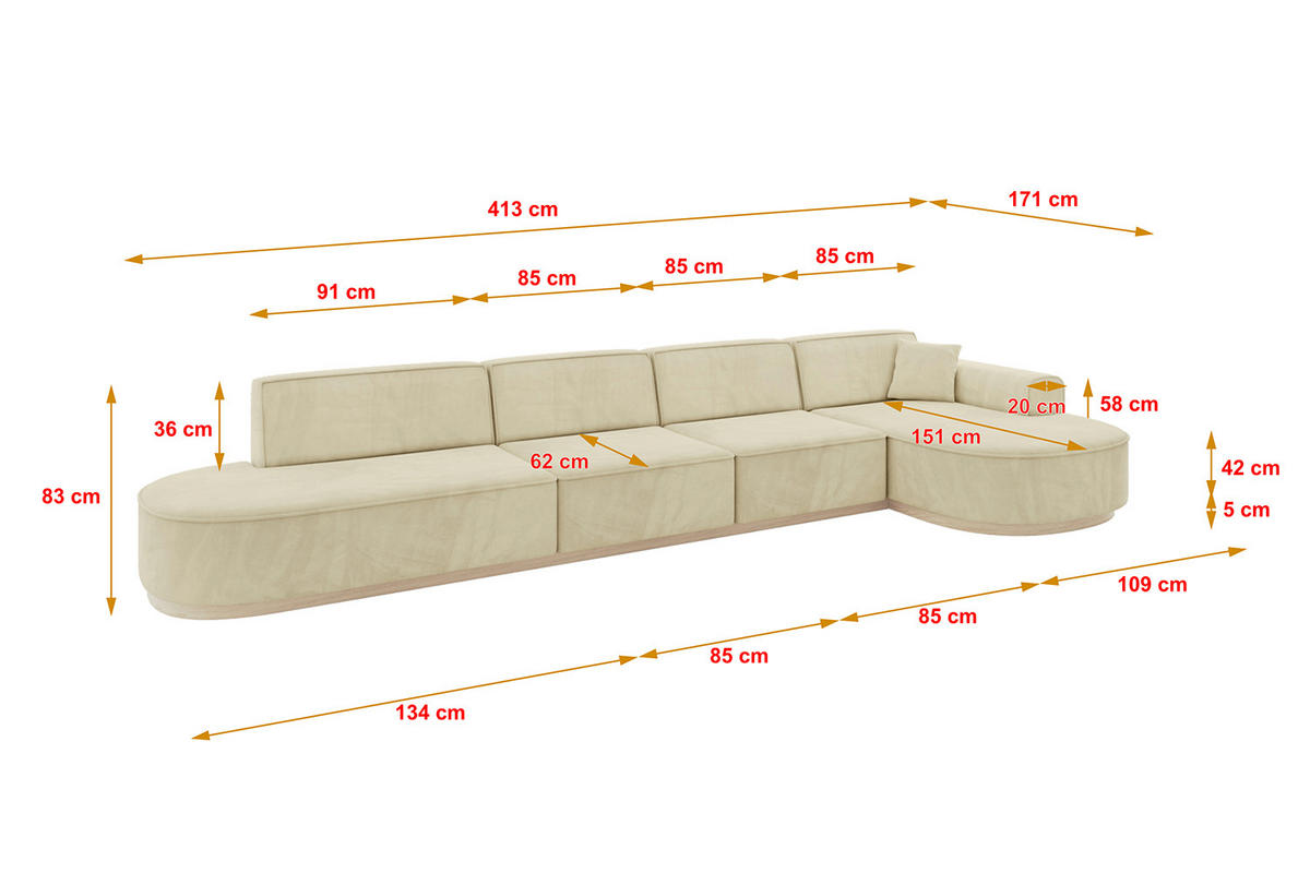 ECKSOFA Ottomane Rechts MARI-L3-v1 - 413x171x83 cm Beige Velours - Beige, Holzwerkstoff/Textil (171/413cm) - ALTDECOR