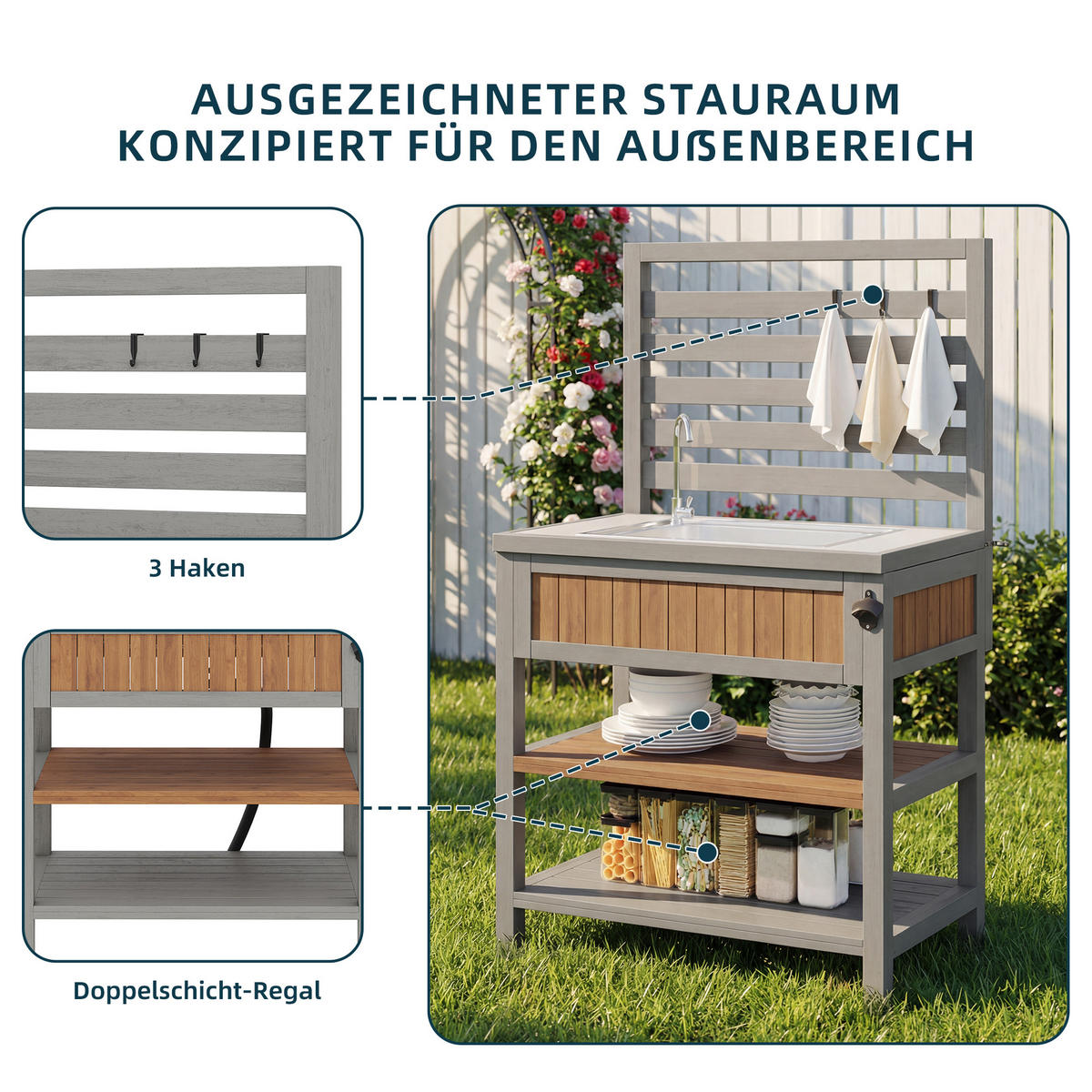 GARTENSCHRANK Outdoor Wasserhahn Flaschenöffner Arbeitsfläche - Naturfarben, Holz (51/141/80cm) - FLIEKS