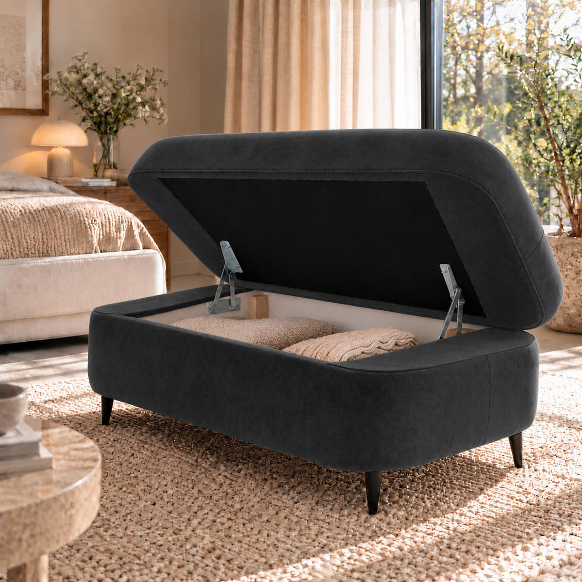 POUF PRIAM 104 x 60 cm Velours Anthrazit - Anthrazit/Schwarz, Holz/Textil (104/43/60cm) - Muffo