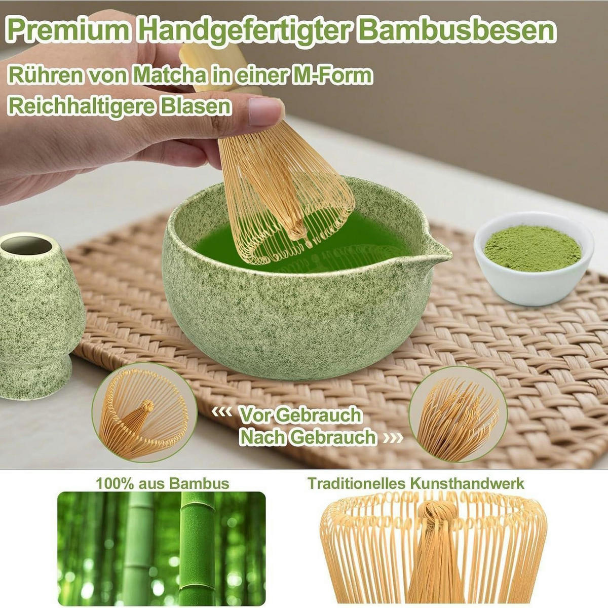 MATCHA Set 6-teiliges Set mit Bambusbesen und Schale - Grün, Keramik (115/108/130cm)