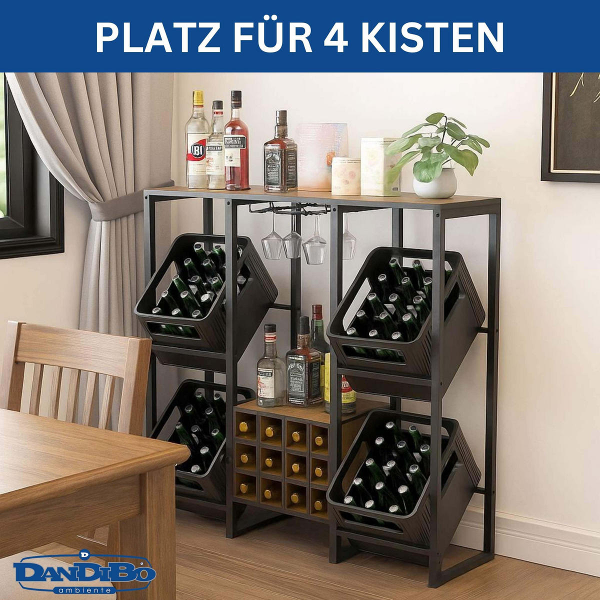 GETRÄNKEKISTENREGAL 4 Kisten mit Ablage Holzablage 96659 - Schwarz, Metall (116/112/32cm) - DanDiBo