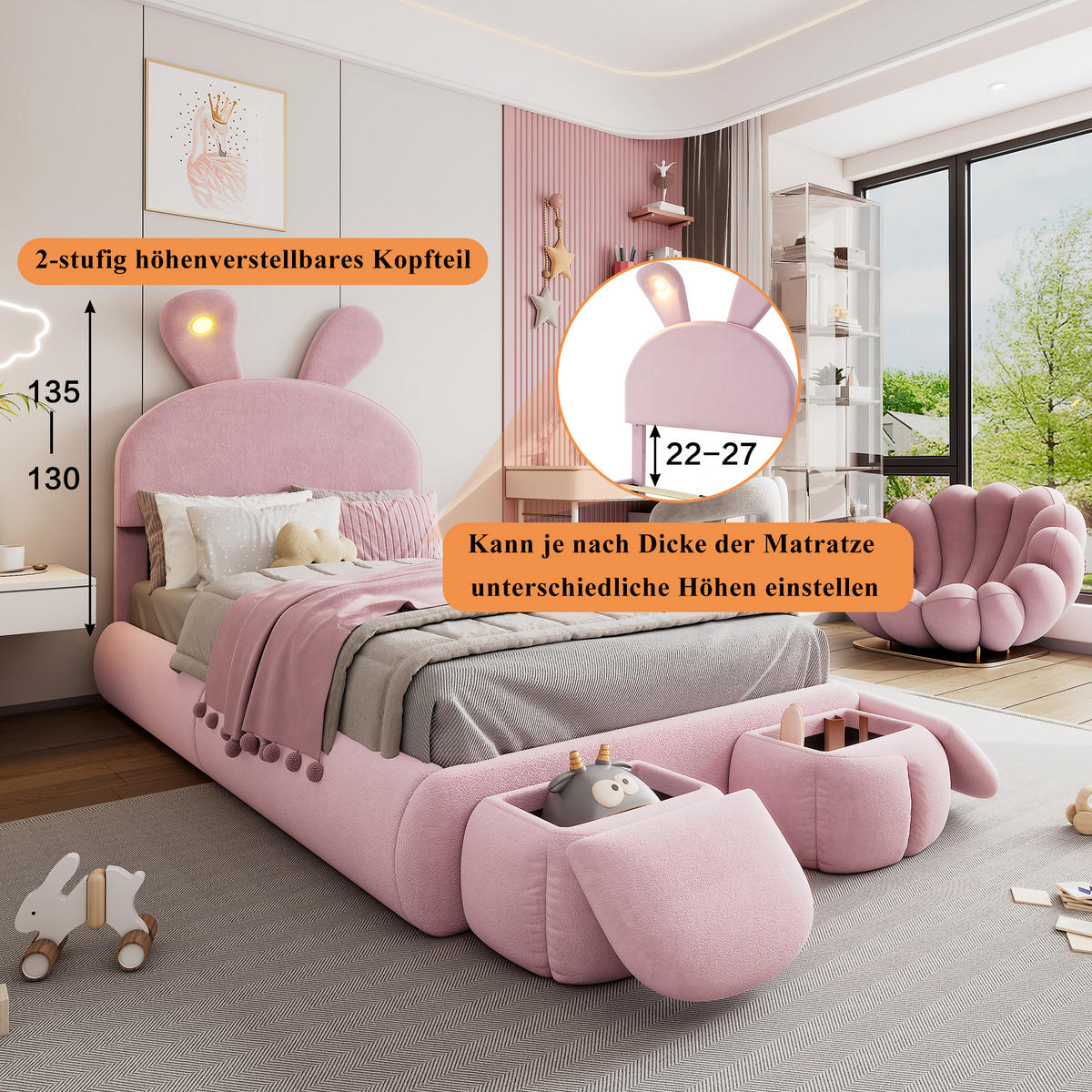 POLSTERBETT 90x200 cm LED Samt rosa - Rosa, Textil (90/200cm) - LEBENLANG