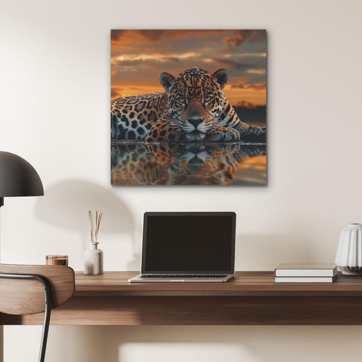 AKUSTIKBILD Natur - Leopard - Tier - Sonnenuntergang - Modern Wandbilder 60x60 cm - Orange, Kunststoff (60/60/0.9cm) - MuchoWow