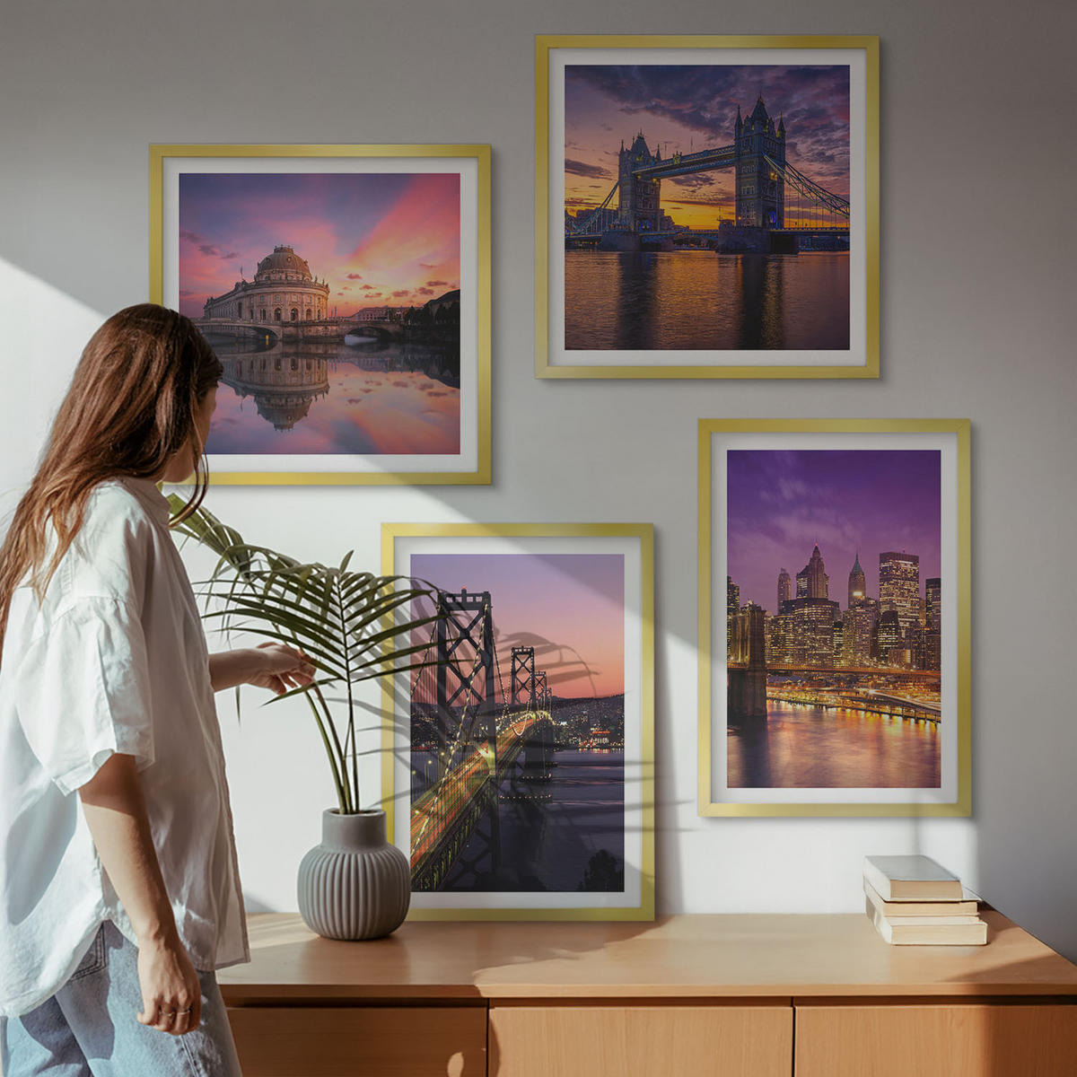 WANDBILDER 4er Set - 50x50 cm & 40x60 cm Goldrahmen - Brücken, Sonne, Stadtblick - Goldfarben, Kunststoff (50/50cm) - ArtPrintCave