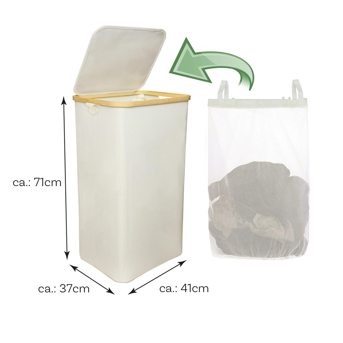 WÄSCHEKORB mit herausnehmbarer Tasche - 41x37x71cm - Weiß - Weiß, Textil (41/71/34cm) - Bestlivings