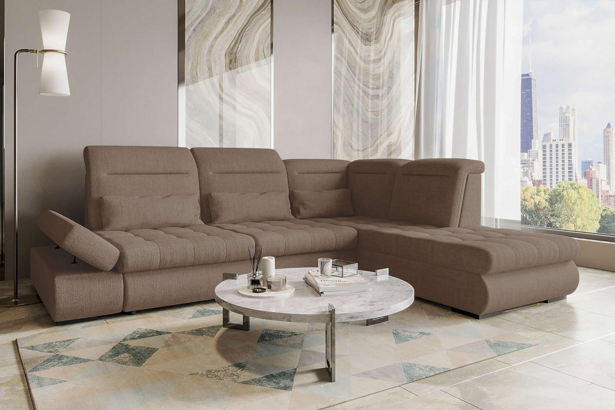 ECKSOFA Toscana Velours inkl. Schlaffunktion - Sandfarben, Textil (279/227cm) - 99rooms
