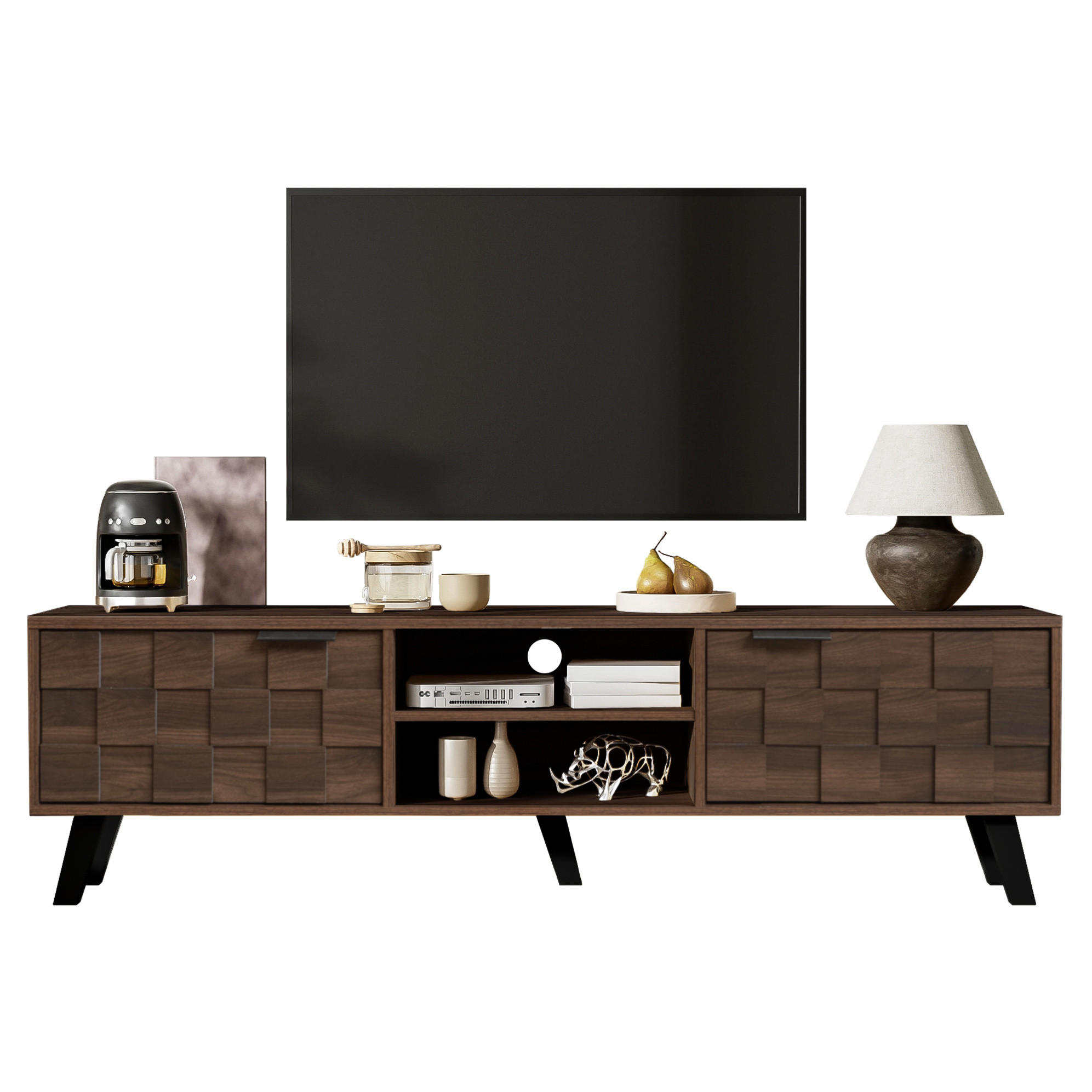 TV-SCHRANK aus Spanplatte 160,5x35,5x45 cm Holzfarbe mit 2 Türen, 2 offenen Fächern und Dämpfungsscharnieren - Braun, Holzwerkstoff (160.5/45/35.5cm) - Modfu