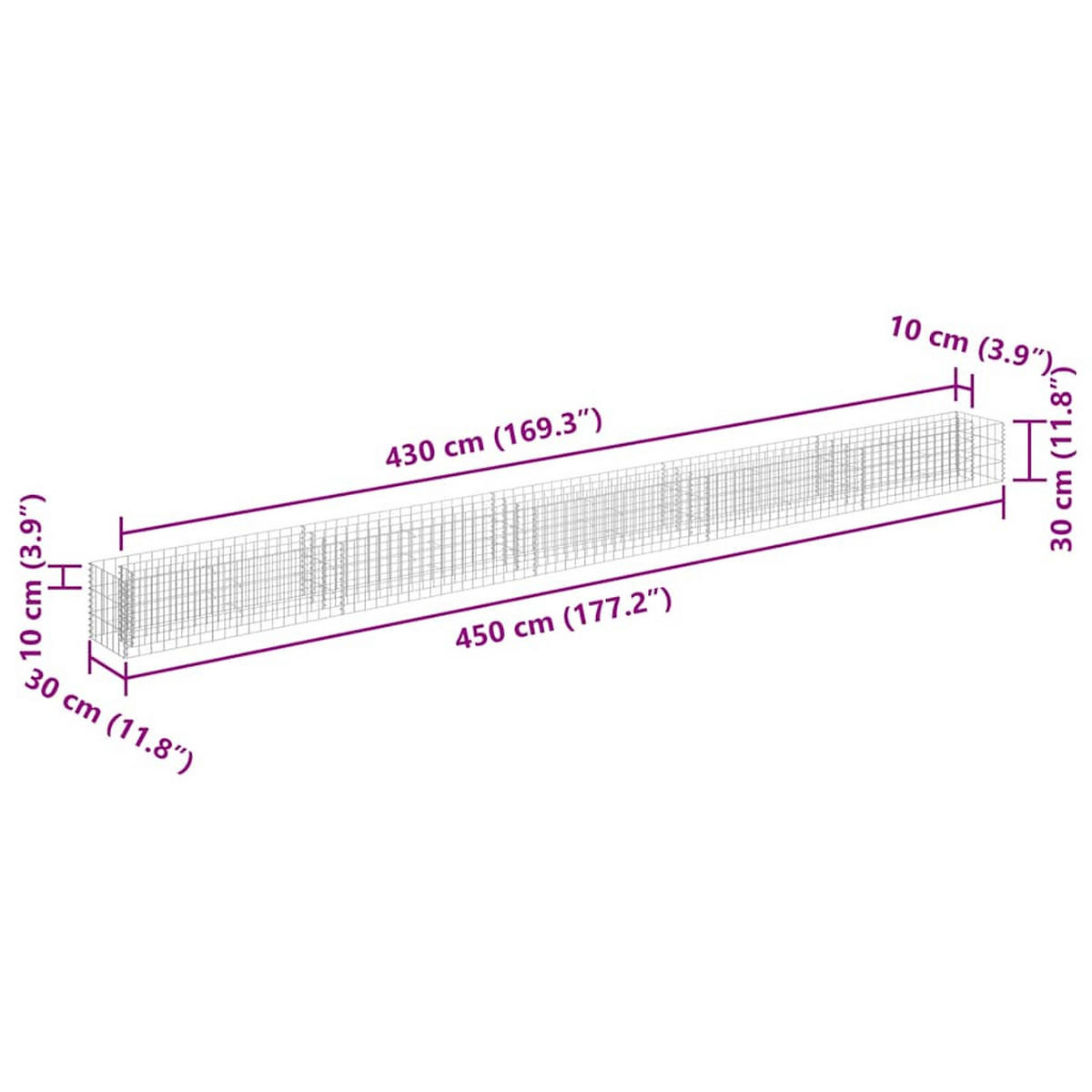 HOCHBEET, Gabionen 450/30/30 cm, aus Verzinkter Stahl, Silber - Silberfarben, Metall (30/30/450cm) - vidaXL